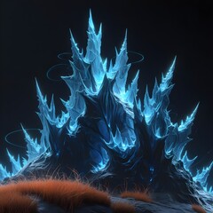 A low-angle view of a compact, highly detailed cluster of glowing icy blue crystals with numerous sharp points and delicate layers, against a dark, featureless background, emphasizing their radiant li