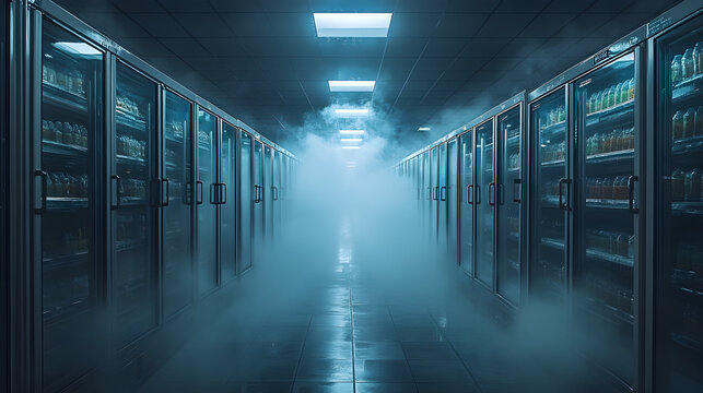 Hallway with refrigerators aisle in cold storage