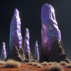 A collection of multiple elongated, organic pillars similar to the first image, displaying a gradient of purples and pinks with swirling patterns, emerging from a textured, lighter ground against a da