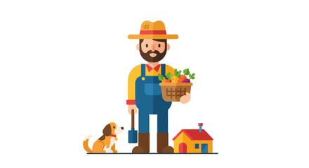 Farmer with Shovel and Vegetable Basket Standing with His Dog and a Small House