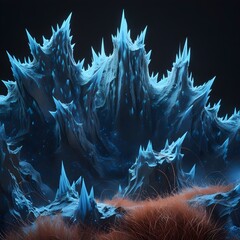 A jagged, spiky formation of icy blue crystals rises from a desaturated, somewhat blurred landscape with hints of reddish-brown. The crystals glow with an intense, cool light, creating a dramatic and 