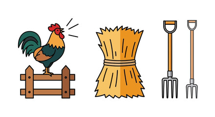 Collection of Farm Themed Icons Rooster Hay Bale and Pitchforks