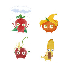 Set of cute hand drawn fruits characters with friendly faces, arms and legs. Cartoon and funny strawberry, orange, cherry and banana