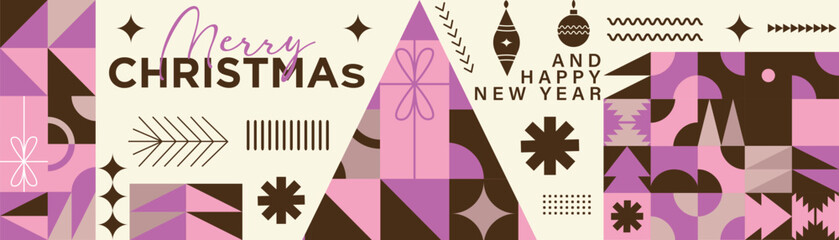 Merry Christmas Vibrant Abstract minimalist style Geometric Pattern with Modern Typography Colorful Festive and Snowflakes Holiday Greeting Background Design