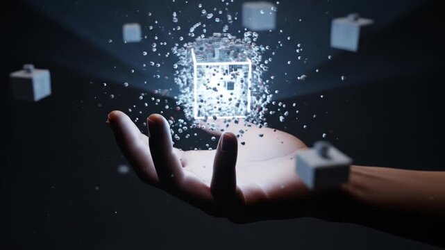 Hand holding glowing cube with particles, digital technology concept video - Powered by Adobe