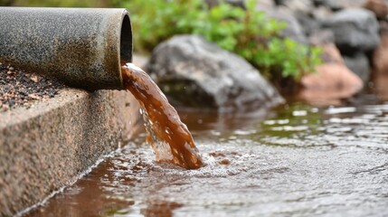 Dirty water flows from pipe into small pond, polluting the clean water, raising environmental concerns.