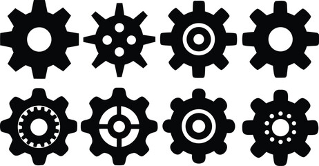 Gear icon vector set, black cogwheel vector collection, mechanical gear shapes, engineering symbols