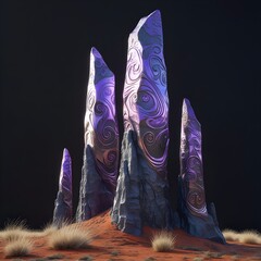 A set of robust, vertical crystals showcasing distinct internal banding and rich, swirling patterns in various shades of purple, blue, and hints of white, standing prominently against a dark, diffused