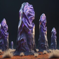 A group of organic-looking, column-like crystals with swirling internal patterns in shades of deep purple, brown, and light blue, presenting a unique and somewhat fluid appearance against a dark backd
