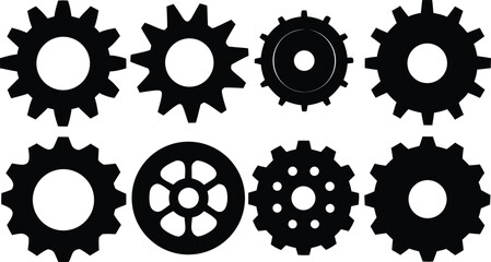 Gear icon vector set, black cogwheel vector collection, mechanical gear shapes, engineering symbols