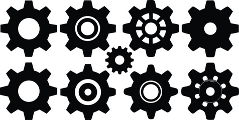 Gear icon vector set, black cogwheel vector collection, mechanical gear shapes, engineering symbols