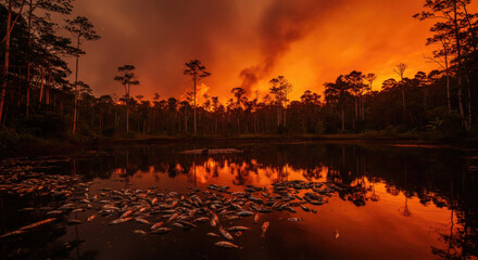 Dead fishes in lake with burning forest as background, ideal for global warming awareness poster or backdrop