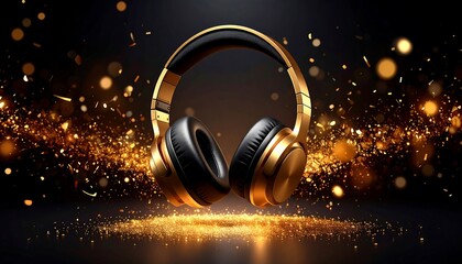 Fototapeta premium Golden headphones on dark background with glittering particles