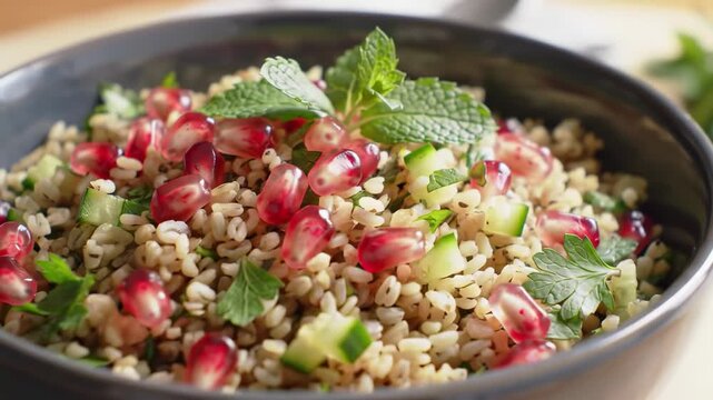 A bowl of bulgur wheat salad with pomegranate seeds and herbs