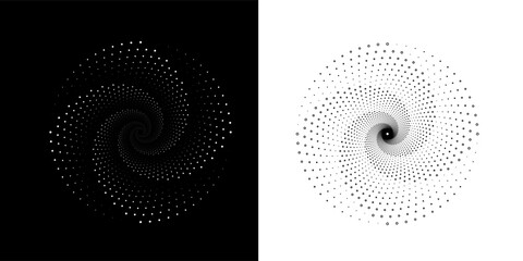 A spiral dots abstract vector illustration pattern backdrop in a metallic hue against a sleek black background. This design element is perfect for frames, circular logos, signs, symbols, and prints.