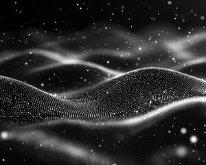 Abstract digital wave pattern with glowing particles and flowing light streams