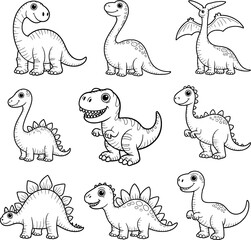 Collection of cute cartoon dinosaurs with various features and poses prehistoric creature