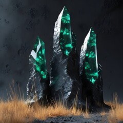A closer view of several vivid emerald green crystals growing from a dark, rugged rock formation within what appears to be a cavern or dark, earthy environment. The crystals exhibit intricate facets a