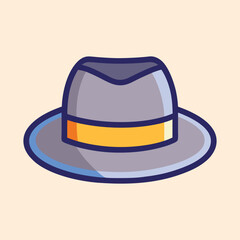 Stylized gray fedora hat with yellow band and dark blue outline