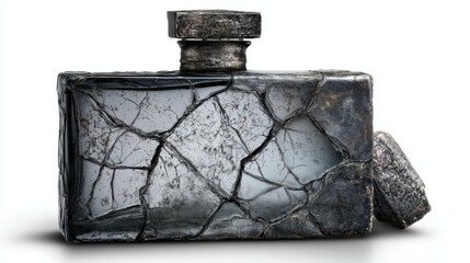 A rectangular perfume bottle made of stone, cracked and worn with gray metal edges, on a white background, front view, product photography.