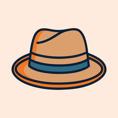 Stylized Brown Fedora Hat with Blue Band and Orange Accents Illustration