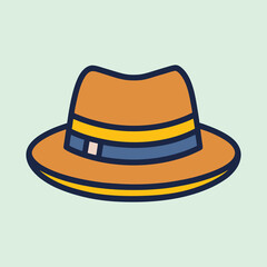 Cartoon illustration of a brown fedora hat with blue and yellow ribbon