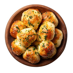 Wooden plate filled with freshly baked garlic knots on transparent background