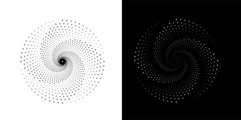 A spiral dots abstract vector illustration pattern backdrop in a metallic hue against a sleek black background. This design element is perfect for frames, circular logos, signs, symbols, and prints.