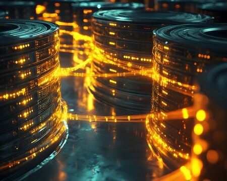 Advanced Digital Data Center with Glowing Fiber Connections and Storage Arrays, Encrypted Database Communication with Futuristic Fiber Optic Cable Network, symbolizing secure database communication