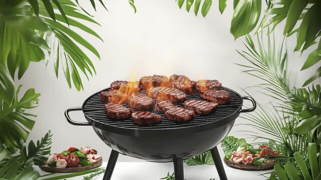 Several pieces of meat are grilling on a round barbecue surrounded by tropical greenery, with flames visible. Plates of vegetables are placed on either side.