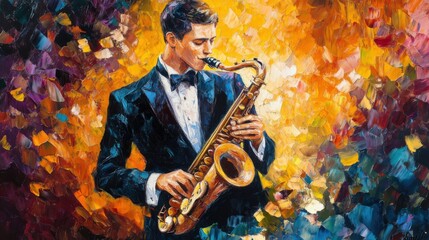 Vibrant brushstrokes depict a musician immersed in saxophone melody artistry