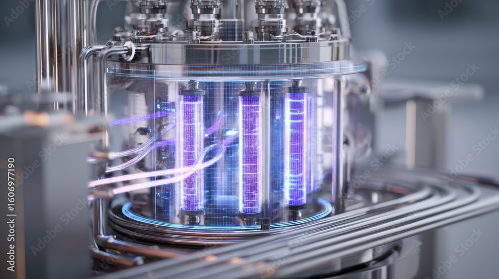 Poster modern bioreactor integrating heating and cooling system with clearly marked temperature regulators 