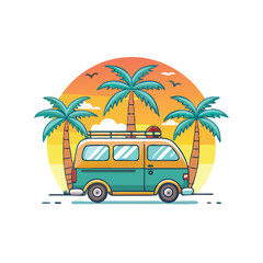Retro camper van with palm trees and sunset on a tropical beach vacation
