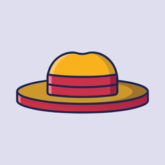 Cartoon depiction of straw sun hat with red ribbon on light blue