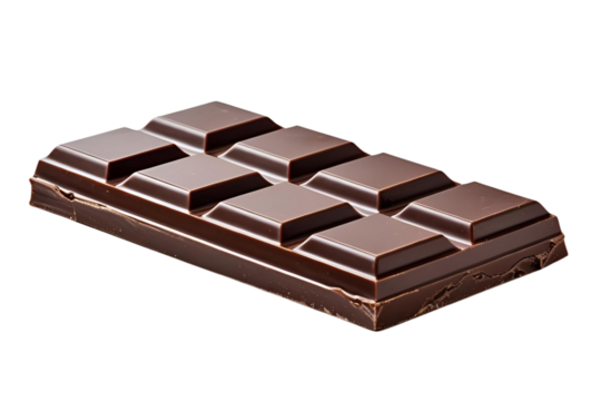 A classic bar of dark or milk chocolate with eight segments, isolated on a white transparent background.