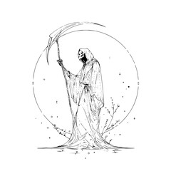A sketch of the grim reaper with a scythe standing in front of a circle with flowers and stars