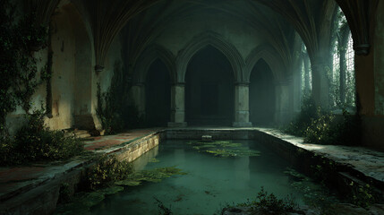Naklejka premium Enchanted Abandoned Hall with Overgrown Vegetation and Still Water