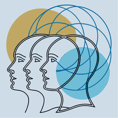 Abstract conceptual line art of human heads with overlapping circles symbolizing thought, psychology, and identity