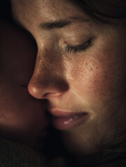 Mother lovingly holds her baby close, cherishing the moment with a gentle touch and warm expressions in a tender embrace during quiet evening hours