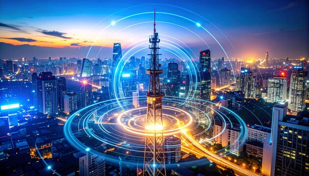 Vibrant waveforms and concentric circles radiating from a central antenna-like structure, set in a futuristic abstract cityscape, representing 5G communication networks."