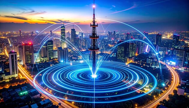Vibrant waveforms and concentric circles radiating from a central antenna-like structure, set in a futuristic abstract cityscape, representing 5G communication networks."