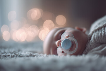 Soft pastel pacifier rests beside a peaceful sleeping baby wrapped in cozy knit attire in a warmly lit setting