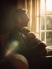 Quiet afternoon by the window with a father gently holding his baby in a serene setting