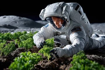 Gardening on the moon with astronauts cultivating plants on lunar soil during a scientific mission