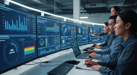 Control room with advanced dashboard displays monitoring warehouse throughput and system performance metrics.