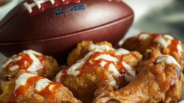 A plate of crispy chicken wings served with a football on the side, perfect for a fun game day snack