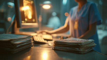 Fototapeta premium Medical professional organizes birth records on a table beside a computer in a healthcare facility during evening hours