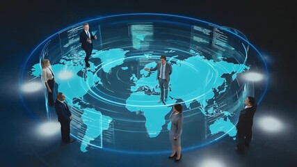 Diverse business team collaborating around a glowing digital world map, discussing global strategy and future growth in a dynamic virtual environment, showcasing innovation and teamwork for internatio - Powered by Adobe