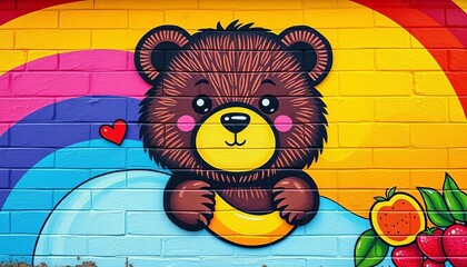 Cute bear painting fruity mural, rainbow backdrop, pop art style, artwork, rainbow