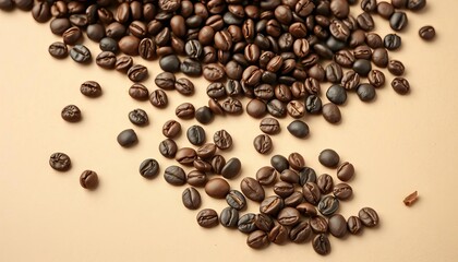 Dark roasted coffee beans scattered on a beige surface,  harvest,  morning